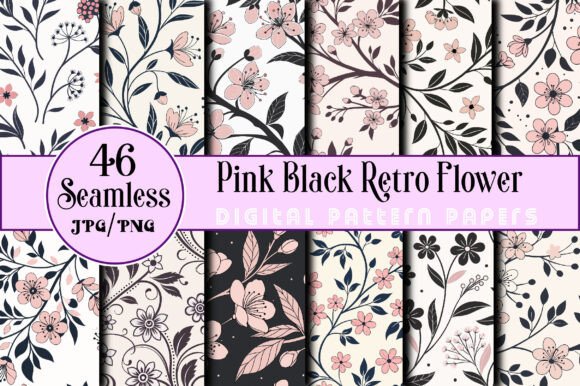 Download Seamless Pink Black Retro Flower Pattern - Flower Collection